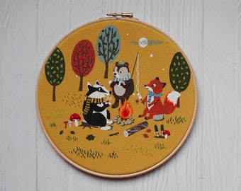 Hand embroidered hoop art - By the fire - Woodland animal art