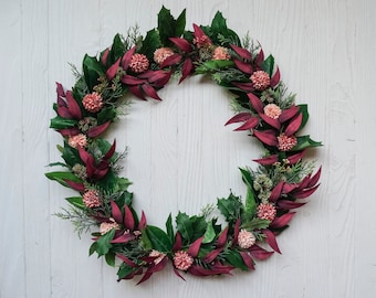 Big floral wreath -  Green and pink leaves and flowers