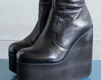 EUR40 US9 SIMPLE Italian vintage high platform boots wrinkled leather