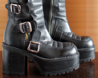 EUR38 US7.5 Unique BUFFALO Buckle Silver Zipper Platform Boots Y2k