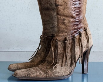 EUR38 US7.5 Deborah FELE cowgirl high heel brown western boots cowboy italy