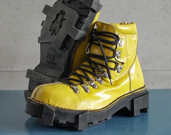 GERESERVEERD/// FLY London unieke geel/zwarte Rave Techno lage platformlaarzen jaren 90 dikke schoenen 41