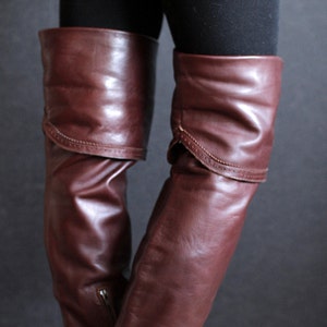 EUR37 US6.5 Vintage designer ITALY handmade Overknee cowgirl pointy toed boots. Burgundy two layered thigh high cowboy leather boots otk