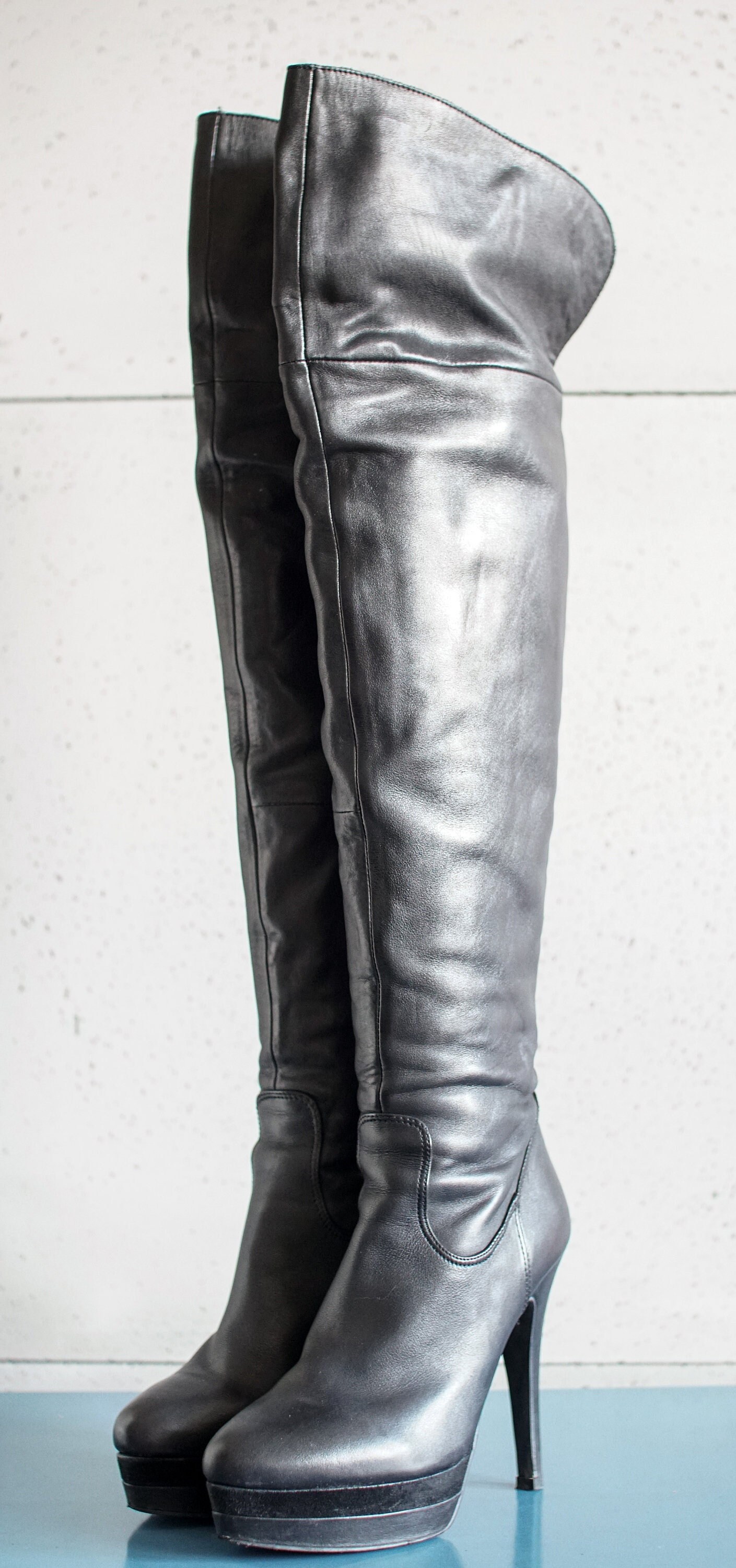 Grey suede thigh high heel boots 2025