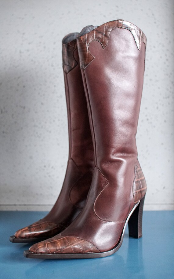 EUR37 US6.5 NEW cowgirl pointy toed VINTAGE brown wes… - Gem