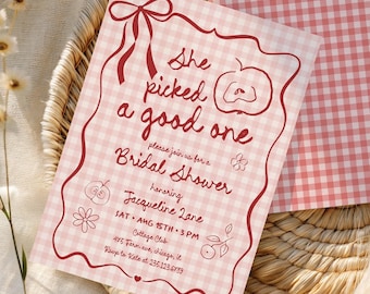 Apple Bridal Shower Invitation: She Picked a Good One hand drawn (Editable Canva Template 641)