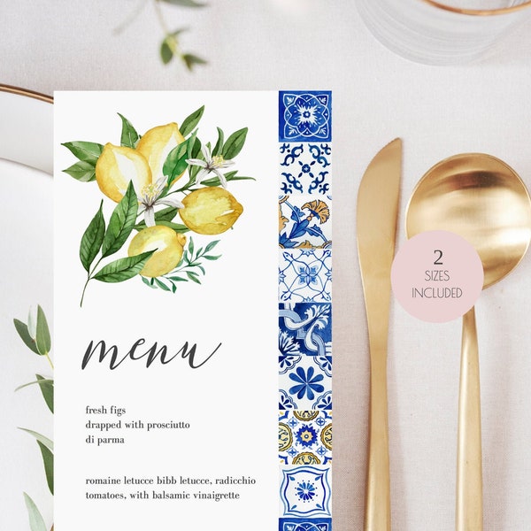 Blue Tiles Lemon Menu Template, Italy Wedding Menu Printable, Mediterranean Wedding Menu, Editable, Instant Download, 044