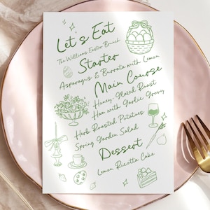 Peut inclure: Une assiette rose présente un menu avec du texte et des illustrations verts pour un brunch de Pâques. Une fourchette et un couteau dorés sont croisés à droite. Des herbes séchées et un tissu beige sont en arrière-plan.