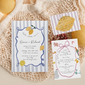 Whimsical Italian Lemon Wedding Invitation, Mediterranean Wedding Hand Drawn Invite, Capri Amalfi, Editable Template, Instant Download 481