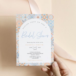 Blue Tiles Arched Bridal Shower Invitation Template, Pastel Mediterranean Bridal Shower Invite, Portugal Bridal Invite, Instant Download 245