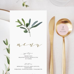 Olive Menü Vorlage, Italien Hochzeitsmenü zum ausdrucken, mediterranes Hochzeitsmenü, grünes Menü, bearbeitbar, Instant Download, 034