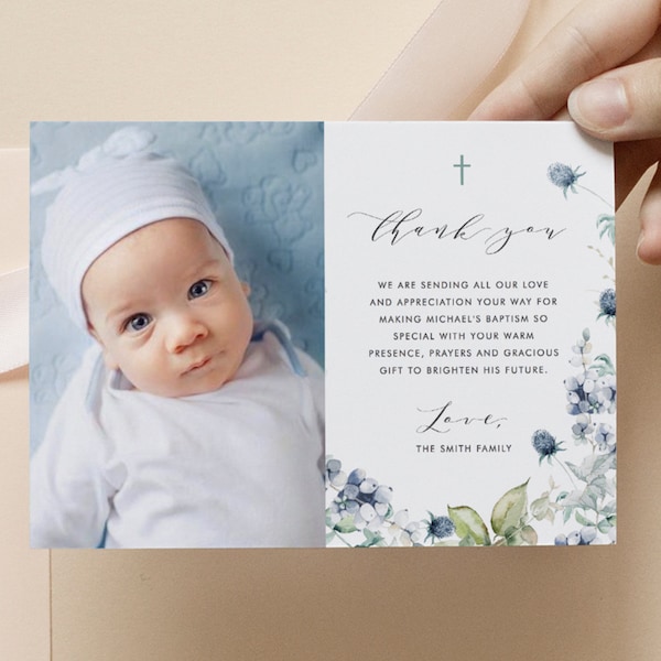 Blue Floral Baptism Thank You Card with Photo Template, Pastel Blue Holy Communion Thank you Printable, Boy, Editable, Instant Download 087