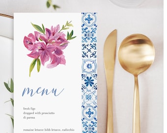 Blue Tile Wedding Menu Template: Bougainvillea Floral (Editable Instant Download 144)