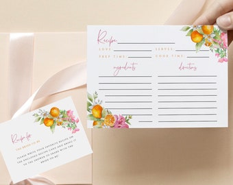 Pink Citrus Bridal Shower Recipe Card, Bright Floral Orange Recipe Request, Italy Bridal Shower Game Editable Printable Instant Download 254