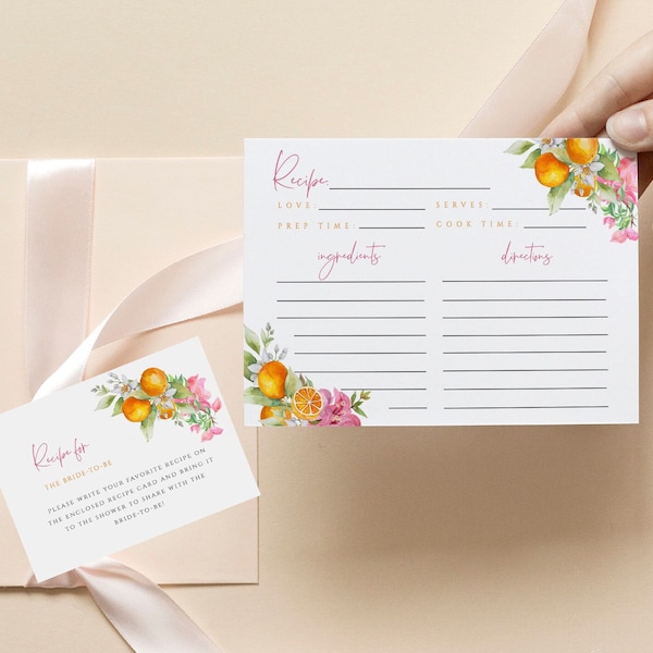 Pink Citrus Bridal Shower Recipe Card, Bright Floral Orange Recipe Request, Italy Bridal Shower Game Editable Printable Instant Download 254