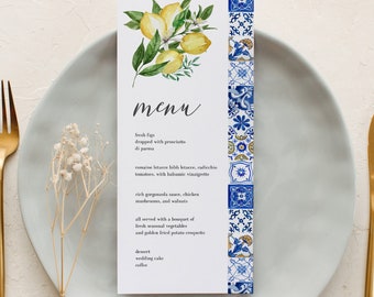 Blue Tiles & Lemons Menu Template: Italian Party table Decor (Editable Instant Download 044)