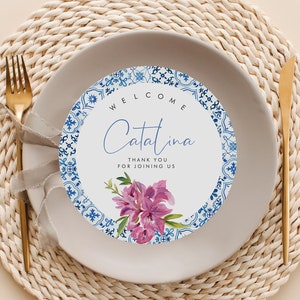 Blue Tiles Bougainvillea Charger Plate Insert Template, Mediterranean Bridal Round Table Centerpiece, Spain Placemat, Instant Download 144