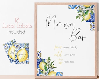 Lemons Blue Tiles Mimosa Bar Sign Printable, Italy Bubbly Bar, Mimosa Juice Labels, Mediterranean Bridal Shower Decor, Instant Download 044