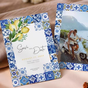 Carrelage bleu, réservez votre date, Italie, réservez notre date, mariage citron, réservez vos dates, faire-part agrumes méditerranéens, téléchargement immédiat 044