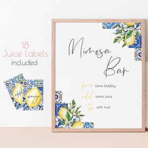 Lemons Blue Tiles Mimosa Bar Sign Printable, Italy Bubbly Bar, Mimosa Juice Labels, Mediterranean Bridal Shower Decor, Instant Download 044