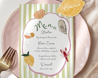 Italian Menu and Place Card Set: Whimsical Lemons & Stripes Hand Drawn ( Editable Download 481)