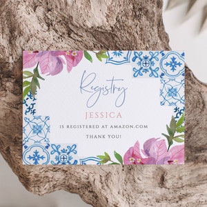 Bougainvillea Bridal Shower Registry Insert Cards,  Blue Tiles Wedding Registry Insert, Azulejo Enclosure, Editable Instant Download 144