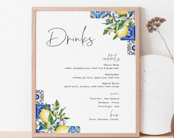Blue Tiles and Lemon Bar Menu Template, Italian Wedding Drinks Sign Printable, Italy Theme Wedding Bar Sign, Instant Download 044