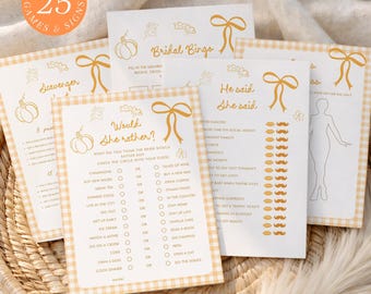 Fall in Love Bridal Shower Games Bundle: Pumpkin & Bows hand drawn (Editable Canva Template 567)