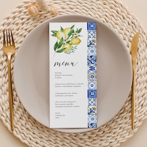 Positano blue tiles and lemons wedding menu template for Italian party or main squeeze bridal shower