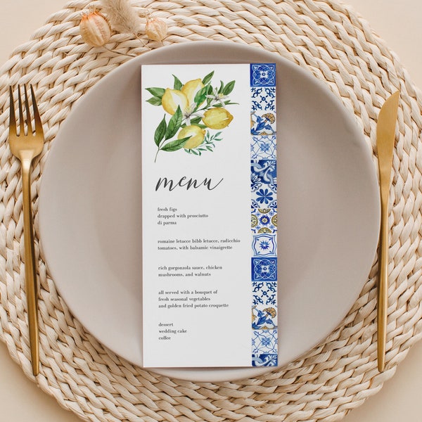 Blue Tiles Lemon Menu Template, Italy Wedding Menu Printable, Mediterranean Wedding Menu, Editable, Instant Download, 044