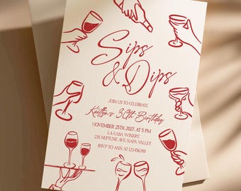 Wine Birthday Invitation: Sips and Dips Girls Night Out (Editable Template 751)