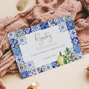 Cartões de inserção de registro de chá de panela de limão, inserção de registro de casamento de azulejos azuis italianos, gabinete de aperto principal, download instantâneo editável 044