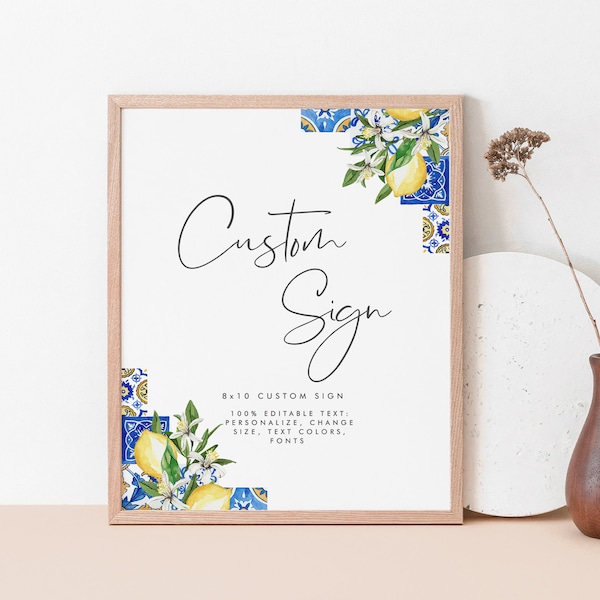 Blue Tiles and Lemon Wedding Custom Sign Editable, Wedding Sign Template, Editable, Mediterranean Wedding Table Poster, Instant Download 044