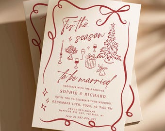 Invitación de boda navideña con detalles: Tema dibujado a mano "Es la temporada" (Descarga instantánea editable 413)