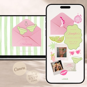 May include: A digital bachelorette website invitation template displayed on a laptop and smartphone. The design features pink envelopes, green lime cocktails, a disco ball, heart-shaped sunglasses, and polaroid photos with text including Jennifer's Bachelorette, Miami, FL, and Marcs & Matrimony.