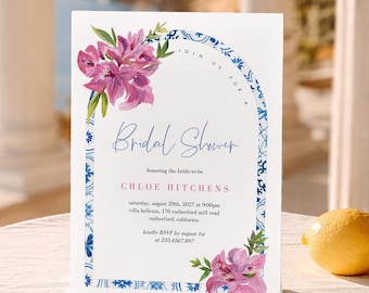 Mamma Mia Bridal Shower Invitation: Blue Tiles & Bougainvillea (Editable Template 144)