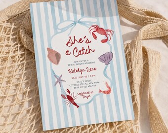 Coastal Bridal Shower Invitation: She's a Catch & Lobster theme (Editable Canva Template 137)