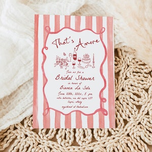 Stripes That's Amore Bridal Shower Invitation, Italian Hens Party Invite Hand Drawn Scribble, Wavy Border Red Editable Template Download 205