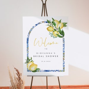 Placa de boas-vindas em arco de chá de panela com azulejos azuis e limão, chá de panela mediterrâneo, modelo para impressão de placa de noiva em arco italiano, 044