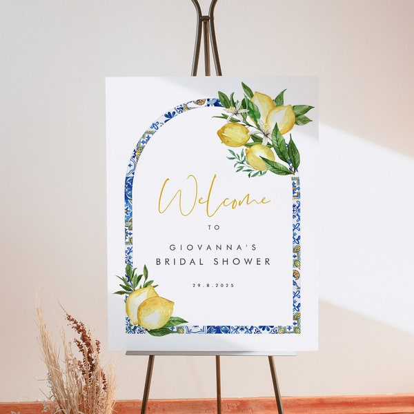 Blue Tiles Lemon Bridal Shower Arched Welcome Sign, Mediterranean Bridal Shower, Italian Arch Bridal Sign Printable Template, 044