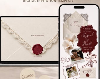 Ivory Wedding Website: Burgundy and Lace Digital Invitation with RSVP (Editable Canva Template)