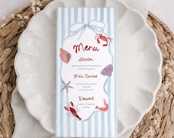Coastal Menu Template: Lobster & Beach Blue Stripes theme (Editable Canva 137)