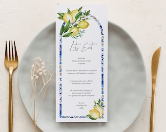 Plantilla de menú de boda con diseño de arco de limón, azulejos azules italianos (Descarga digital 044)