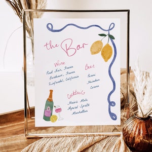hand drawn Italian bar menu sign with wavy boarder and lemons for main squeeze bridal shower or Amalfi wedding whimsical