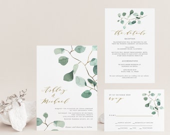 Boho Eucalyptus Wedding Invitation Template, Wedding Suite Pastel Greenery, Wedding Bundle, Silver Dollar, Editable Download, 078