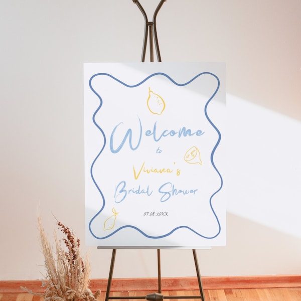 Lemon Bridal Shower Wavy Welcome Sign, Mediterranean Bridal Shower Scallop, Italian Bridal reception Sign Handwritten Printable Template 544