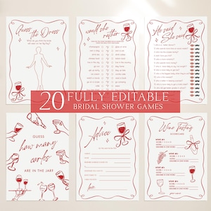 May include: A collection of six bridal shower games with red accents. The games include "Guess the Dress," "Would She Rather," "He Said She Said," "Guess How Many Corks," "Advice," and a wine tasting scorecard. The text "20 Fully Editable Bridal Shower Games" is also visible.