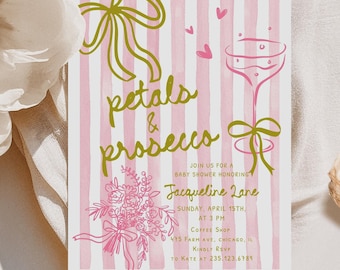 Petals and Prosecco Bridal Shower Invitation: Floral & Coquette Bow hand drawn (Editable Template 841)