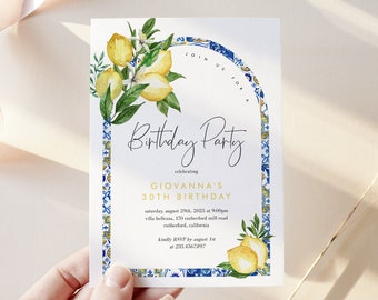 Italian Birthday Invitation Template: Lemon & blue Tile Party (Editable Instant Download 044)