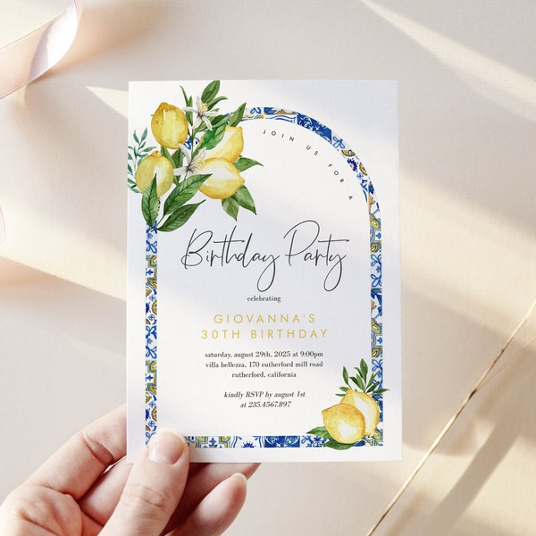 Editable Blue Tiles Lemon Birthday Invitation Template, Italian Anniversary Arched Invite, Mediterranean Party Evite Instant Download 044